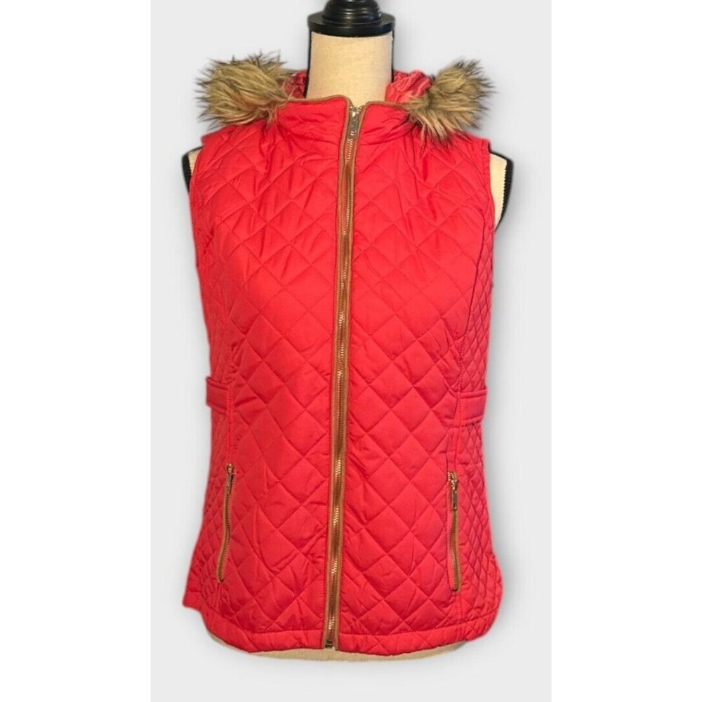 C'ESTTOI Womens Sz M Hooded‎ Puffer Vest Detachable Faux Fur Hood Pink/Orange